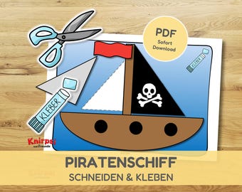 Plantilla imprimible de barco pirata | Plantilla para manualidades: recortar, pegar y colorear. Plantilla de papel para jardín de infancia (PDF).