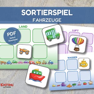 Könnte beinhalten: Ein Lernspiel für Kinder mit dem Titel "SORTIERSPIEL FAHRZEUGE". Das Spiel zeigt Karten mit Illustrationen von Fahrzeugen wie einem grünen Bus, einem orangefarbenen Auto, einem roten Boot, einem gelben U-Boot und einem bunten Heißluftballon. Das Spiel ist in Land-, Luft- und Wasserkategorien unterteilt.