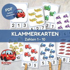 Könnte beinhalten: Lernkarten mit farbenfrohen Illustrationen von Fahrzeugen und den Zahlen 1-10. Die Karten zeigen Autos, Flugzeuge, Lastwagen, Motorroller, Krankenwagen, Traktoren und Boote. Der Text "KLAMMERKARTEN Zahlen 1-10" ist auf einem blauen Banner zu sehen.