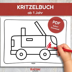 Może przedstawiać: Czarno-biały rysunek linii ciężarówki na białym papierze, z niemieckim tekstem "KRITZELBUCH ab 1 Jahr" u góry. Ręka dziecka koloruje ciężarówkę czerwoną kredką. Czerwone koło z napisem "PDF Sofort Download" znajduje się w prawym górnym rogu.