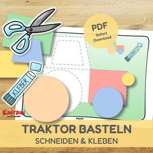 以下が含まれることがあります： 「Tractor Crafting, Cutting & Gluing」のテキストが入った、トラクターのデザインのクラフトプロジェクト。トラクターの輪郭、ハサミ、のりを示しています。背景は明るい木目調です。