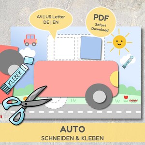 車の工作テンプレート｜切って、貼って、色を塗る｜シンプルな形の乗り物工作説明書、幼稚園・保育園向け印刷用PDF