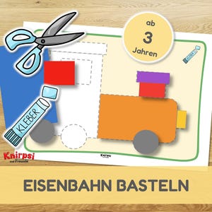 Op de afbeelding: Een kleurrijke knutselset voor kinderen met een treindesign. Inclusief een blauwe lijmstift, een schaar en uitgesneden vormen in rood, oranje en paars. De tekst "ab 3 Jahren" is zichtbaar, wat de aanbevolen leeftijd aangeeft.