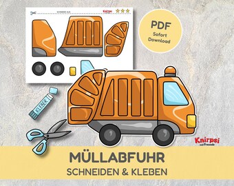 Printable Garbage Truck Craft for Kids | Cut and Paste Trash Truck Template | Transportation Craft, hand-drawn PDF US Letter and A4