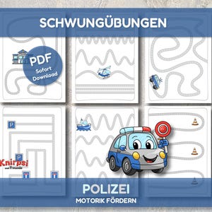 Könnte beinhalten: Ein Satz von sechs ausdruckbaren Aktivitätsblättern mit Polizeimotiv. Jedes Blatt zeigt ein anderes Straßen- oder Pfad-Design zum Nachzeichnen, mit Illustrationen eines Polizeiautos, eines Hubschraubers und anderer verwandter Bilder. Der Text "SCHWUNGÜBUNGEN" steht oben.