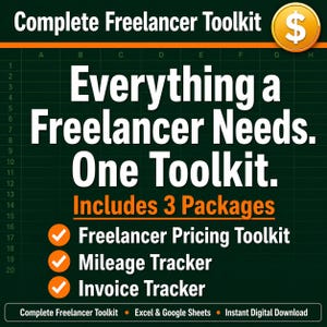 Peut inclure: Graphique vert foncé avec le texte "Complete Freelancer Toolkit" et un symbole dollar doré. Le texte "Everything a Freelancer Needs. One Toolkit. Includes 3 Packages" est affiché. Les forfaits incluent un outil de tarification, un suivi des kilomètres et un suivi des factures.