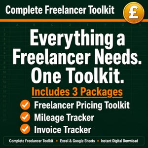 Pode incluir: Anúncio de Complete Freelancer Toolkit. O texto diz: "Tudo o que um freelancer precisa. Um Toolkit." Inclui ferramentas de preços, rastreamento de quilometragem e faturas. Fundo verde com um símbolo de libra.