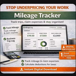 UK Mileage Tracker Spreadsheet Excel | HMRC Mileage Log | Self Employed Business Mileage | Tax Year Dashboard | Google Sheets