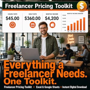 May include: Image promoting a freelancer pricing toolkit. The image features a man in a green shirt working on a laptop. Text includes hourly, daily, and monthly income figures, along with a monthly income overview chart. The text reads: "Everything a Freelancer Needs. One Toolkit."