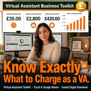 May include: Image of a woman sitting at a desk with two computer monitors. The image has text that says "Virtual Assistant Business Toolkit" and "Know Exactly What to Charge as a VA." The image also shows financial data and a graph.