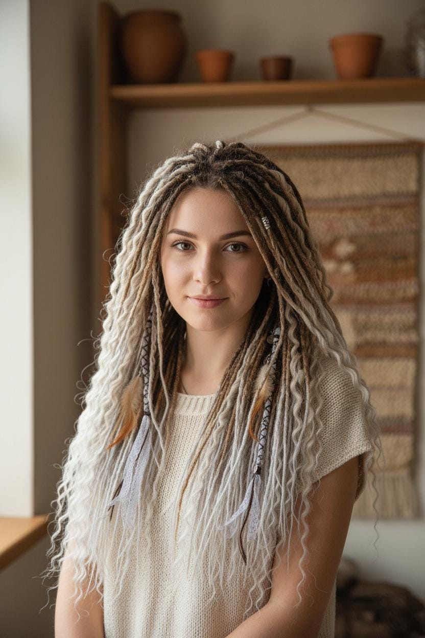 Brown Gray Synthetic Dreads, Silver Curly Dreadlocks Extensions, Festival Hair