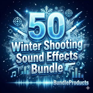 May include: A digital graphic with a blue and white winter theme. The text reads "50 Winter Shooting Sound Effects Bundle." The image includes snowflakes, guns, targets, and musical notes, with the BundleProducts logo at the bottom.