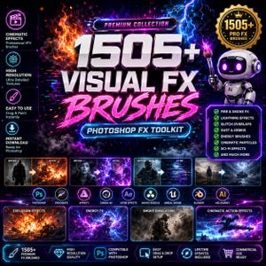 1505+ visuella effekter Photoshop-penslar, eld, rök, glöd, energieffekter, verktygslåda för professionell digital design, VFX-explosion, blixteffekter