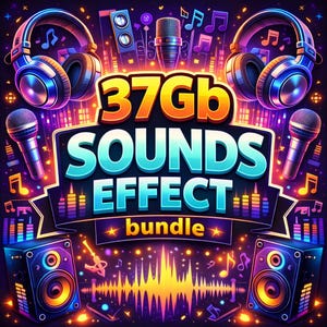 Op de afbeelding: Een levendige digitale afbeelding die een "SOUNDS EFFECT bundle" promoot. De afbeelding toont koptelefoons, microfoons, luidsprekers en muzieknoten. De tekst luidt "37Gb SOUNDS EFFECT bundle" in vette, kleurrijke letters tegen een donkere achtergrond.