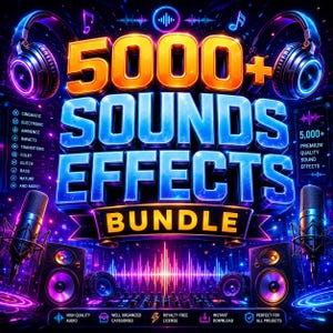 Könnte beinhalten: Dynamische digitale Grafik, die ein Soundeffekt-Bundle bewirbt. Das Bild zeigt den Text "5000+ SOUNDS EFFECTS BUNDLE" in großen, fetten Buchstaben. Das Design umfasst Kopfhörer, Mikrofone, Lautsprecher und Schallwellenvisualisierungen, alle in einem Neonfarbschema.