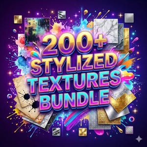 May include: A colourful digital graphic with the text "200+ STYLIZED TEXTURES BUNDLE" in a 3D font. The image features various stylized textures, paint splatters, and a dark purple background.