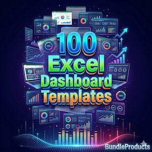 May include: An eye-catching graphic promoting "100 Excel Dashboard Templates." The image features a dark blue background with neon accents, showcasing various data visualizations, charts, and laptop screens. The text is in bold, colorful lettering.