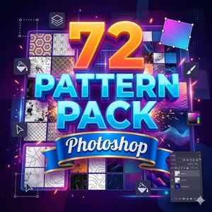 May include: An eye-catching graphic promoting a "72 Pattern Pack" for Photoshop. The design features a vibrant color palette with a mix of geometric and abstract patterns. The text is in bold, 3D lettering, with a blue ribbon banner that reads "Photoshop".