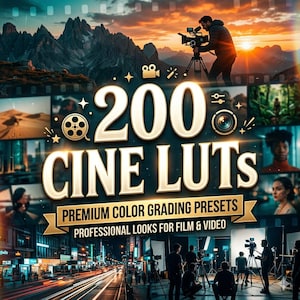 May include: An advertisement for 200 Cine LUTs, premium color grading presets for film and video. The image features a film reel icon, a camera, and a person filming in front of a mountain range. The text reads "Professional Looks for Film & Video."