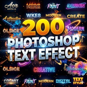 May include: A graphic featuring the text "200 Photoshop Text Effect" in a bold, metallic font, surrounded by smaller text effects like "Paint" and "Design." The image has a dark background with glowing accents and sparks, creating a dynamic visual.