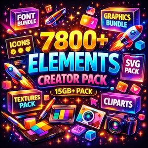 May include: A vibrant graphic design featuring the text "7800+ ELEMENTS CREATOR PACK" with various design elements like rockets, icons, and text boxes. The image has a dark background with stars and colorful accents, including "FONT BUNDLE", "GRAPHICS BUNDLE", and "CLIPARTS".