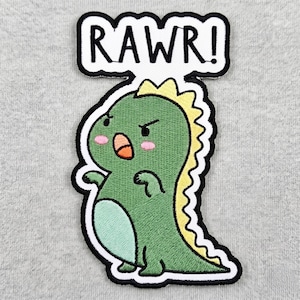 Kawaii Dinosaur Rawr Embroidered Patch, Tatami Stitch T-Rex Custom Patch, Cartoon Reptile Accent