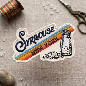 Syracuse New York Embroidered Patch, Custom Die Cut Salt Shaker Badge, Vintage Rainbow Travel Souvenir, Iron On Patch Backpack, NY Gift