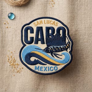 Cabo San Lucas Embroidered Patch, Custom Die Cut Marlin Fish Badge, Mexico Vacation Souvenir, Iron On Patch for Backpack Jacket