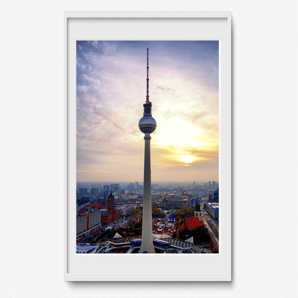 Sun Sets Over Berlin behind the Fernsehturm- Fine Art Print - Living Room Large Wall Art  - Landscape - Germany - City