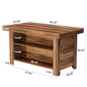 May include: A rectangular wooden kitchen island with a brown wood grain finish, featuring a thick top, two open storage shelves, and four sturdy legs. Dimensions are 55.12 inches wide, 31.49 inches deep, and 35.43 inches high, with various labeled parts.