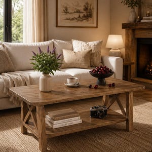 May include: A rectangular wooden coffee table with a lower shelf, featuring a light brown finish and X-shaped side supports. The table holds a ribbed vase with purple flowers, a white teacup, and a black bowl filled with dark red cherries.