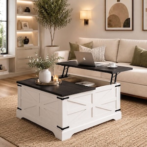 Farmhouse Lift Top Coffee Table with Hidden Storage, Rustic Barn Door Coffee Table for Living Room