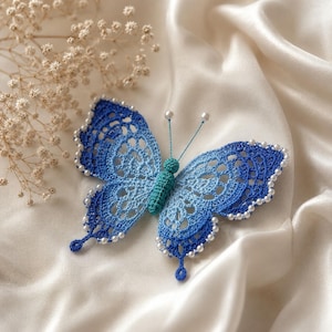 Crochet Butterfly Applique Pattern PDF | Beaded Lace Wing Ombre Blue Butterfly Brooch | Instant Download
