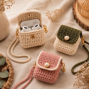May include: Three crochet cases for wireless earbuds, each featuring a flap closure with a gold-toned button. One case is cream-colored and open, revealing white earbuds inside. The other two are closed, one in olive green and one in dusty pink.