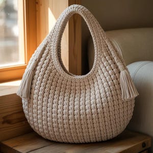 Può includere: Borsa a mano in macramè beige fatta a mano, di forma arrotondata, con due manici lunghi. La borsa presenta un motivo intrecciato strutturato e nappe decorative su ogni lato. La borsa è appoggiata su una superficie di legno.