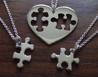 Silver Heart Necklace with Two Puzzle Charms