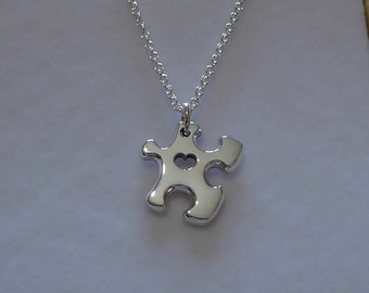 Miniature Puzzle Piece (Thick) with Heart Silver Pendant Necklace