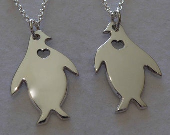 Personalised Silver Penguins with Hearts, Initials and Dates, Pendant Necklaces