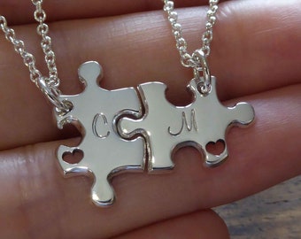 Two Puzzle Necklaces , Silver Best Friend Handmade Pendants