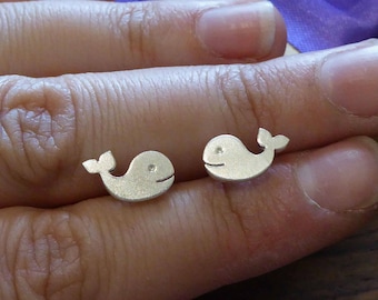 Little Whale Stud Earrings - Handmade Whale Studs - Satin Whale Earrings