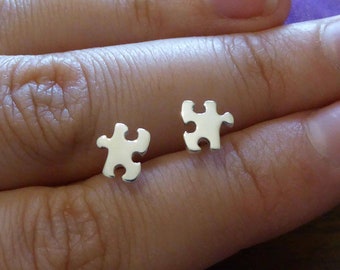 Silver Puzzle Earrings - Handmade Puzzle Piece - Silver Puzzle Charms - Puzzle Stud Earrings