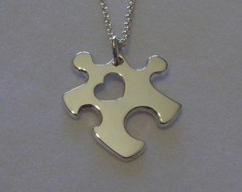 Autism Awareness Jewelry, Puzzle Pendant with Heart