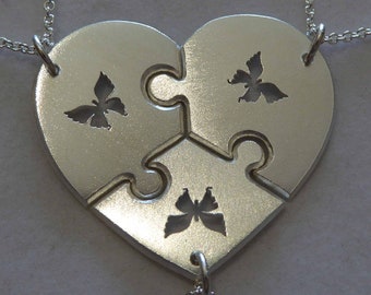 Three Silver Puzzle Pendants - Silver Puzzle Pieces - Three Piece Heart - Butterfly Necklaces, Satin