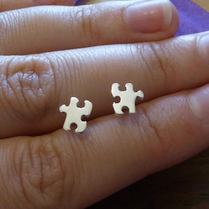 Silver Puzzle Earrings - Handmade Puzzle Piece - Silver Puzzle Charms - Puzzle Stud Earrings