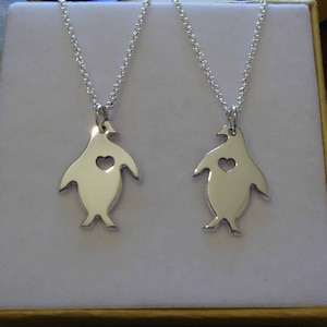 Two Handmade Silver Penguins with Hearts - Best Friend Necklaces - Matching Pendants