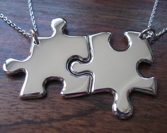 Best Friend Pendants - Two Puzzle Necklaces - Silver Jigsaw Piece Pendants