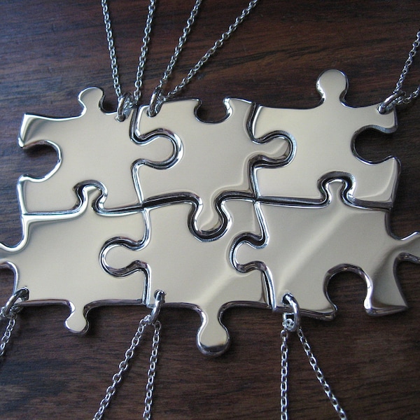 Six Person Necklaces, Six Silver Puzzle Pendants