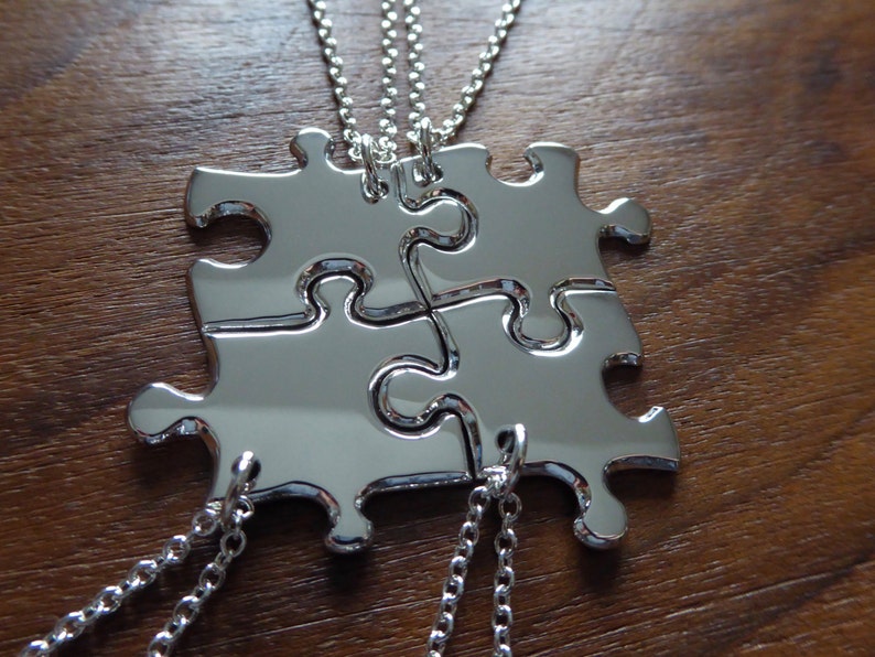 Four Handmade Silver Puzzle Pendants Satin Best Friend Jigsaw Puzzle Charms Four Silver Puzzle Necklaces
