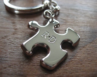 Silver Puzzle Piece Keychain Keyring with Initials