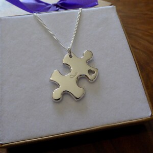 A Handmade Silver Puzzle Piece Pendant Necklace with Handcut Heart and Initial image 2